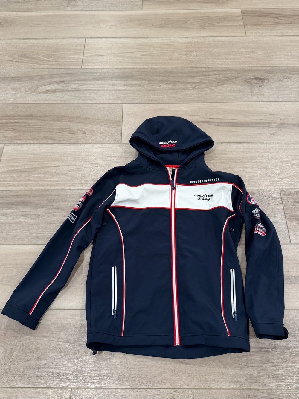 Goodyear Racing Softshell Jacket Men's L Navy Blue Fast Wheels Hooded Coat